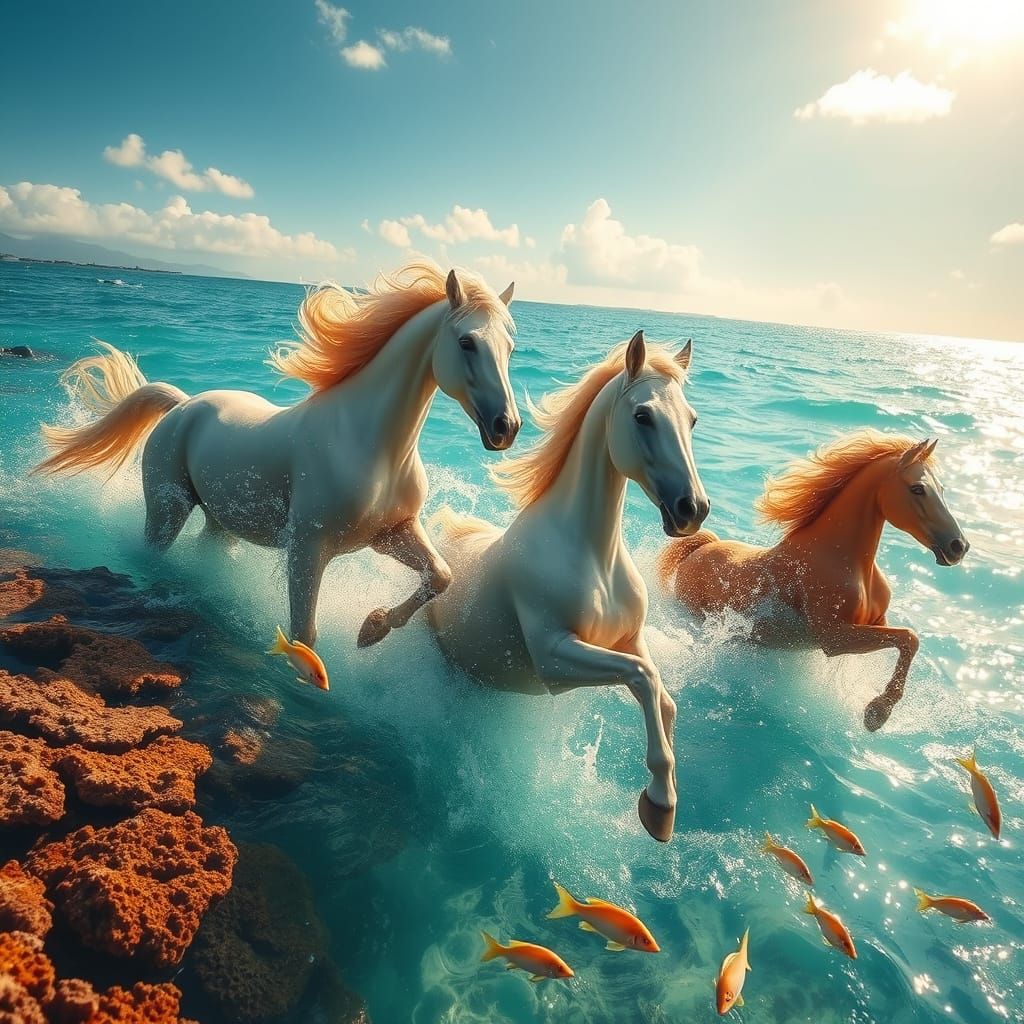 Majestic Horses Ride the Tropical Ocean Waves