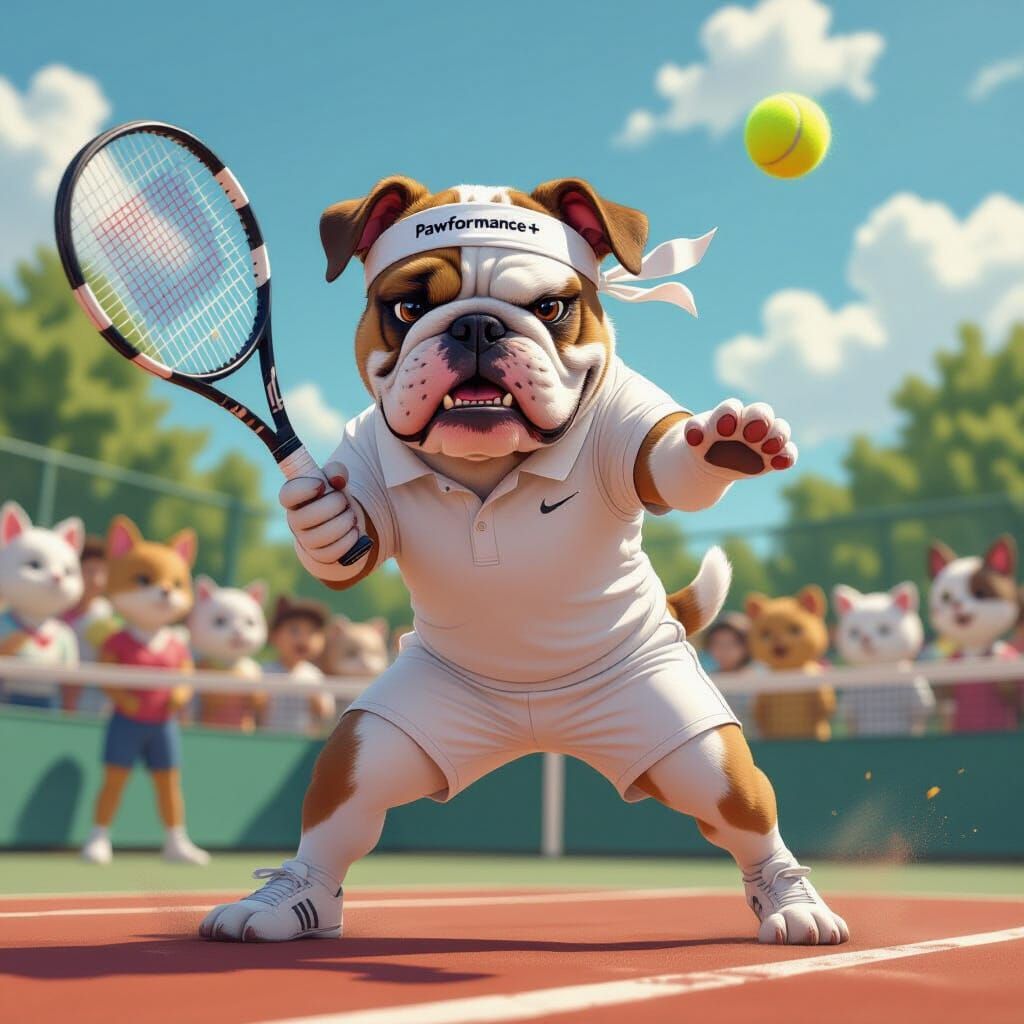 Bulldog Tennis Player in Whimsical Stylized Realism