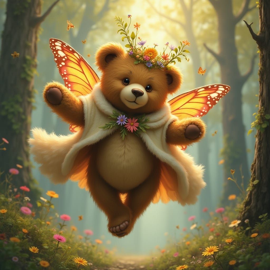 Whimsical Teddy Bear Soaring Through Forest