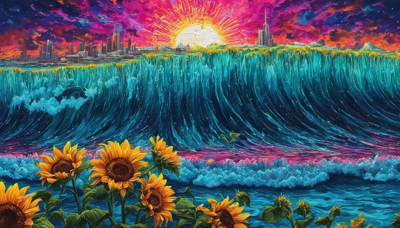 Moonlit Ocean Waves in Surreal Cyberpunk Style