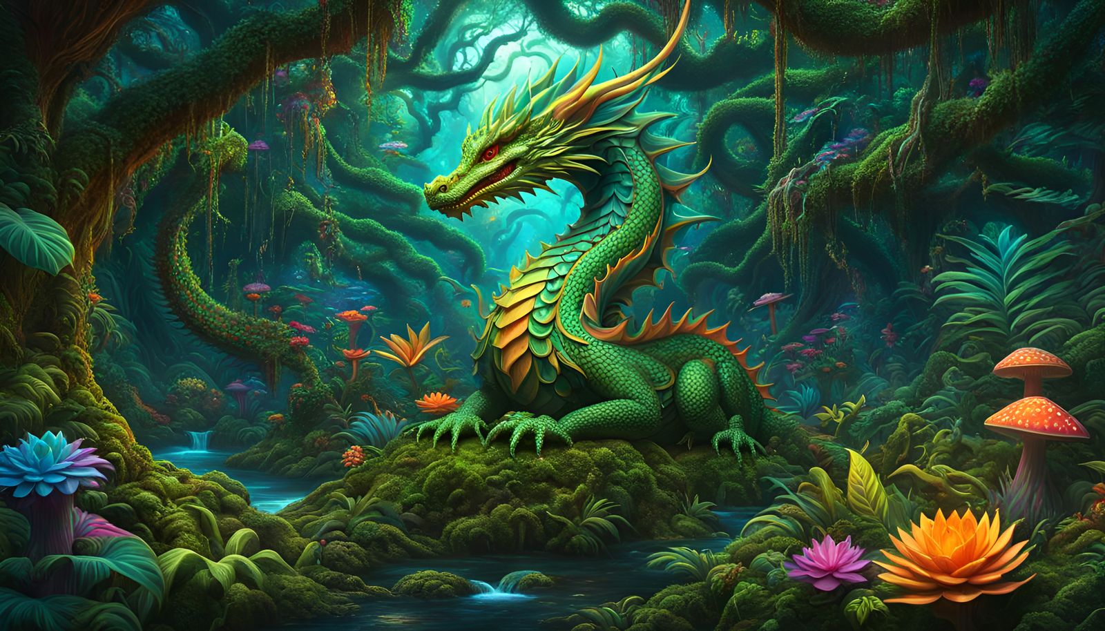 Psychedelic Jungle Dragon in High Fantasy Style