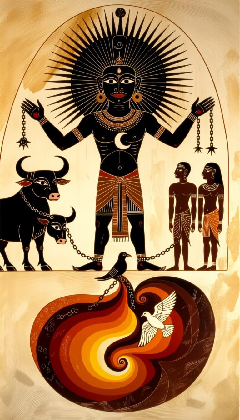 Ancient Cave Painting of Mythical Sun and Creatures