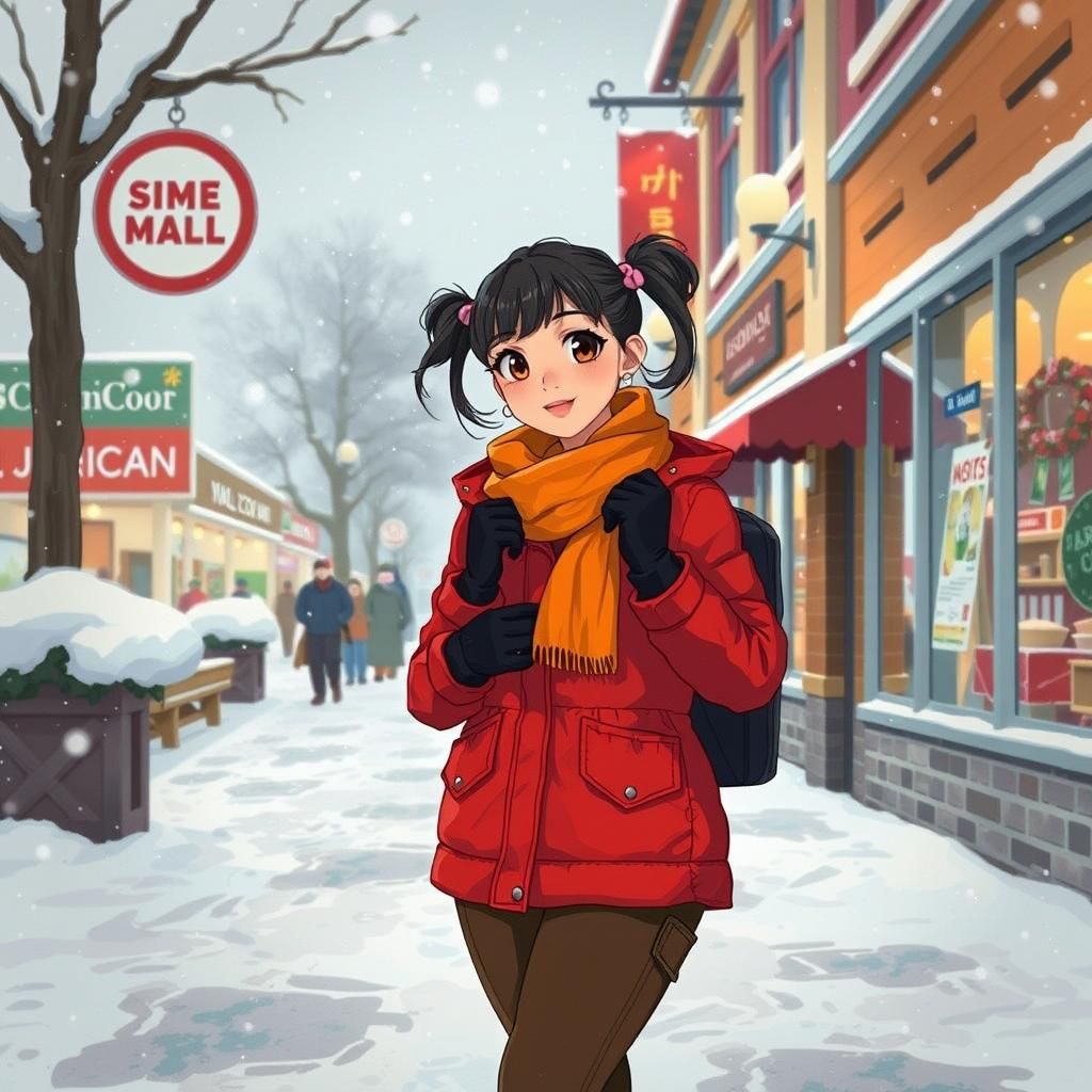 Asian Woman in Snowy Small-Town Winter Scene