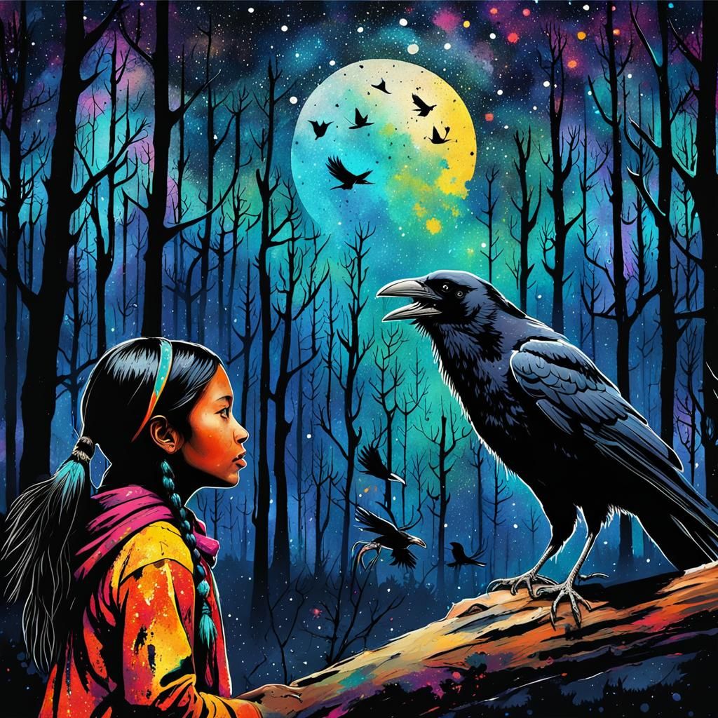 Native American Girl and Crow, Ink Splatter Art