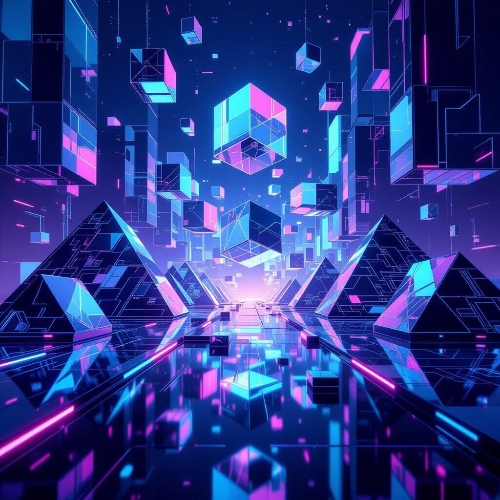 Surreal Geometric Cityscape with Neon Lights