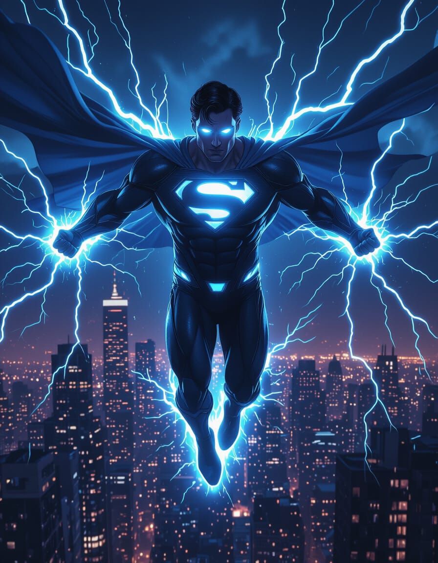 Electric Superman Radiates Energy Over City in Cyberpunk Sty...