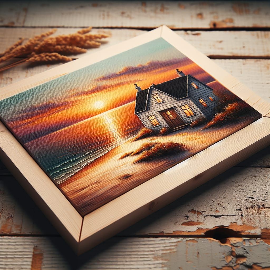 Sunset Beach House Painting on Wood
