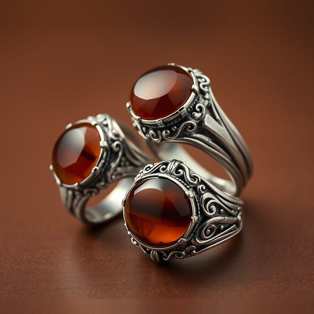 Luxurious Silver Rings with Brown Agate Stones in Art Nouvea...