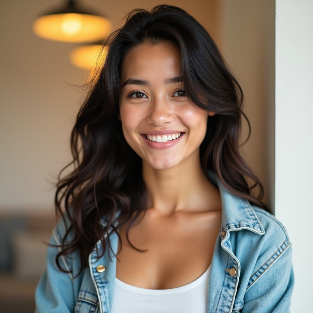 Smiling Brunette Woman in Denim Jacket Portrait