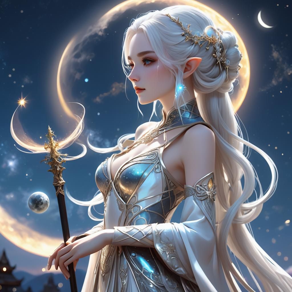 Celestial Elf Woman with Moon Staff in Anime Style
