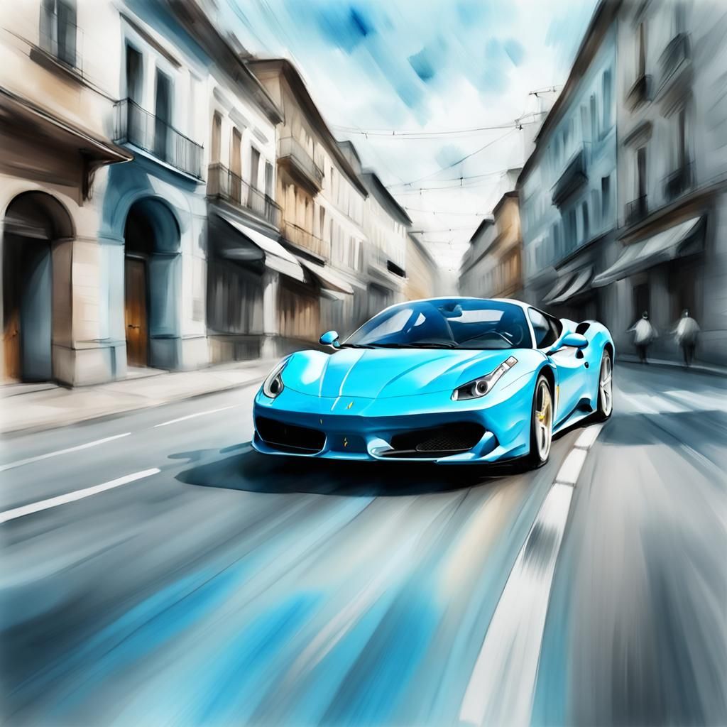 Racing Light Blue Ferrari in Motion, Blurred Road