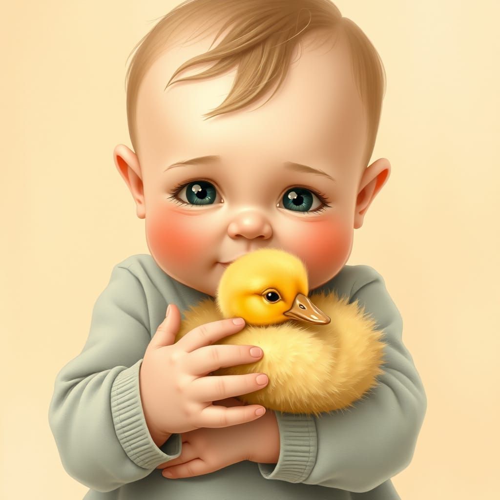 Charming Baby Boy Hugs Adorable Duckling in Whimsical Scene