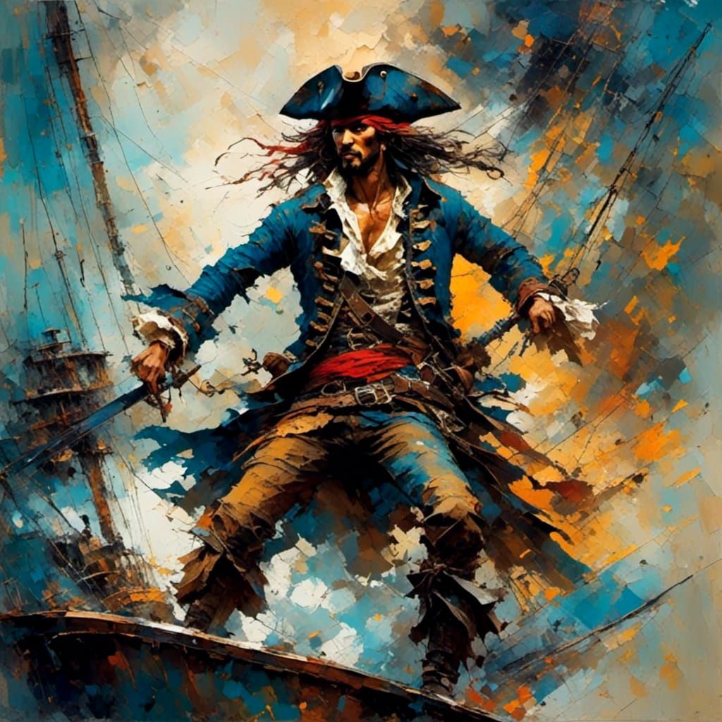 Pirate Ready for Action as Impasto Painting