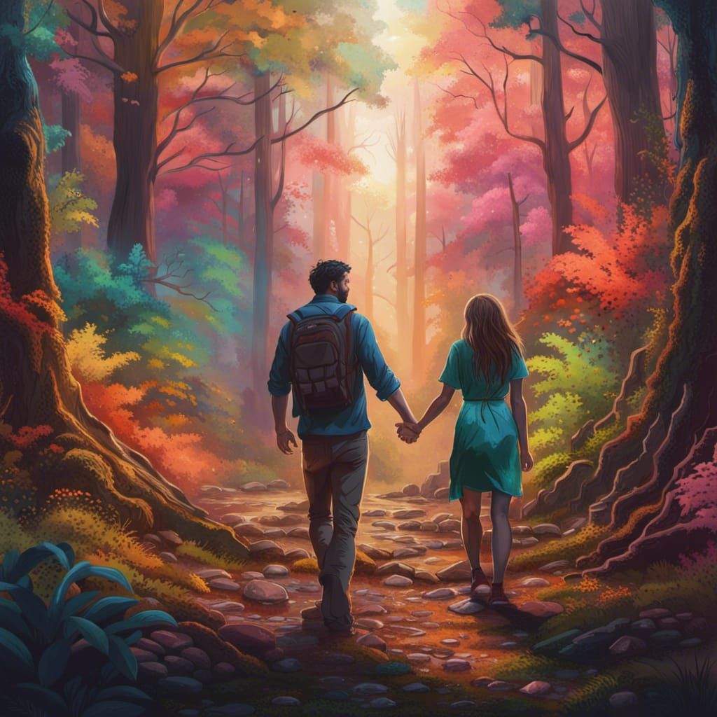 Couple Wandering in Forest: Hyperrealistic Splash Art