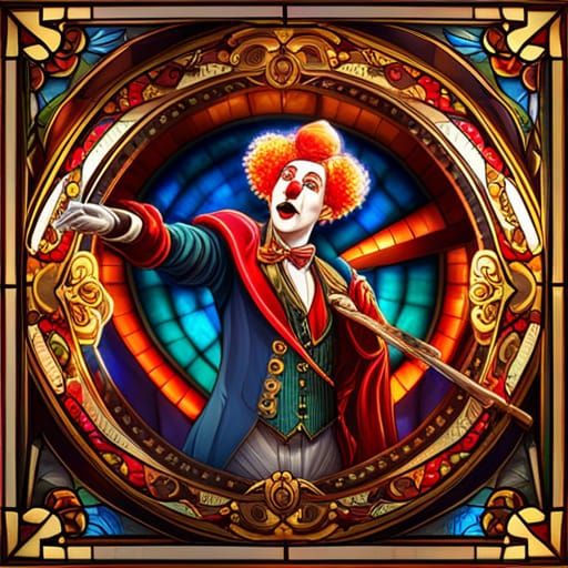 Steampunk Clown in Stained Glass Art Nouveau Frame