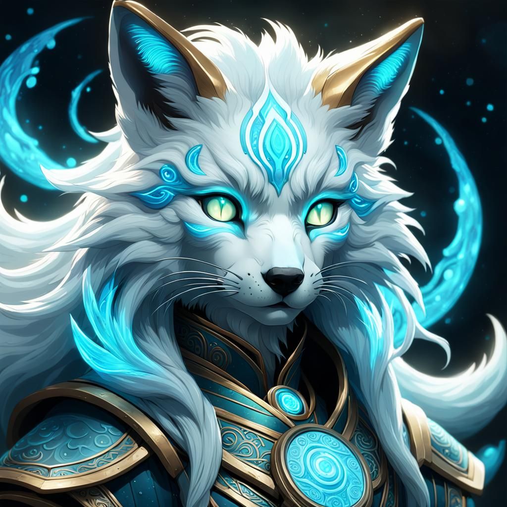 Blue Bioluminescent Kitsune Portrait in Detailed Style