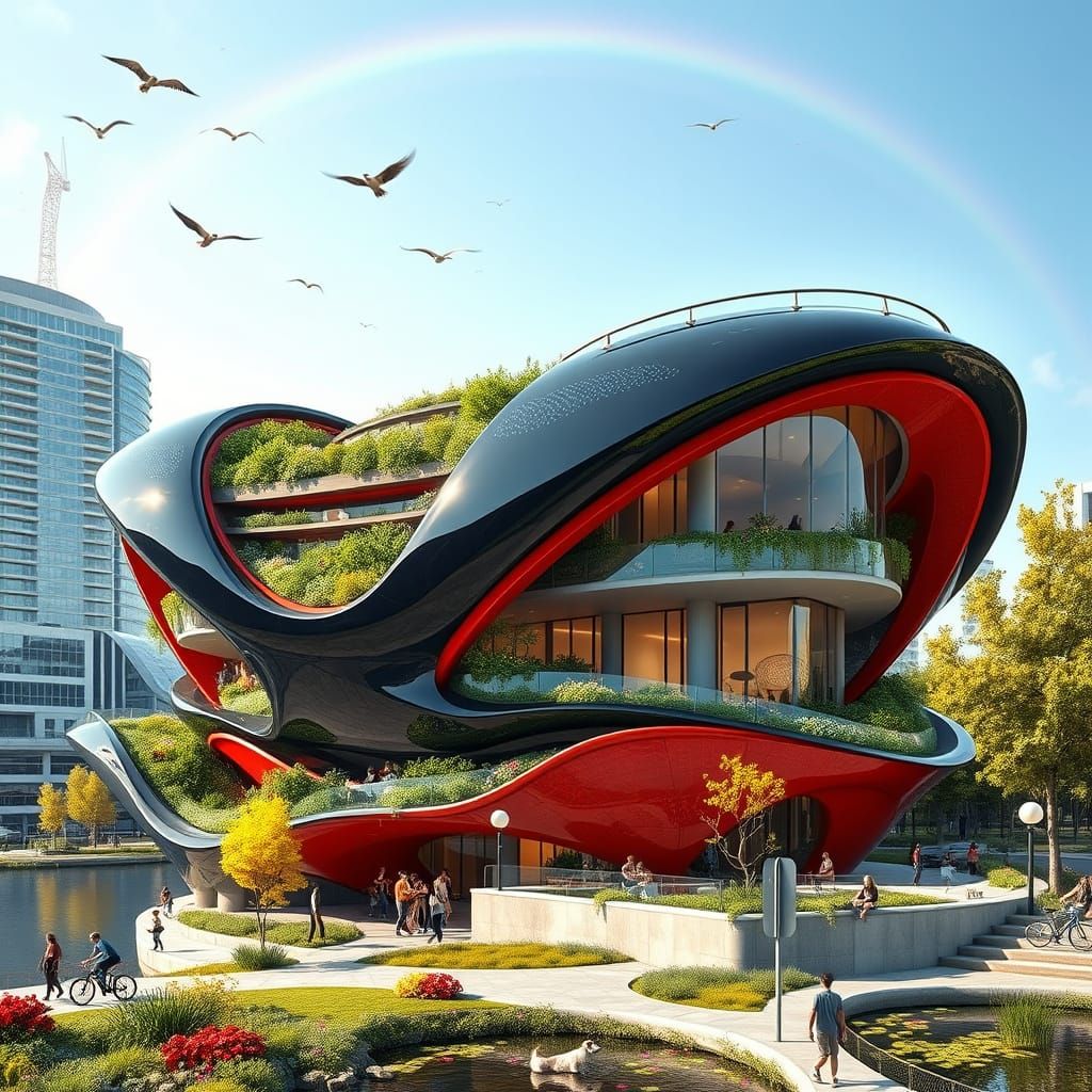 Futuristic Flower-Shaped Skyscraper in Dark Blue and Red Pla...