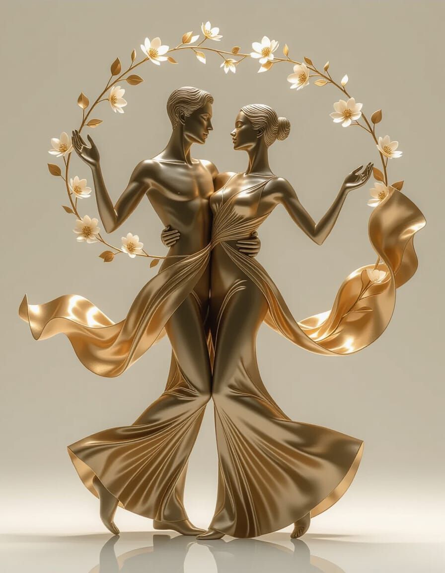 Metallic Couple Dancing in Surreal Golden Fabric and Floral ...