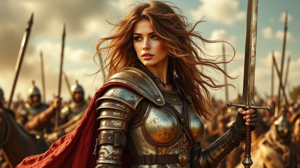 Courageous Woman Warrior on Battlefield in Fantasy Art Style