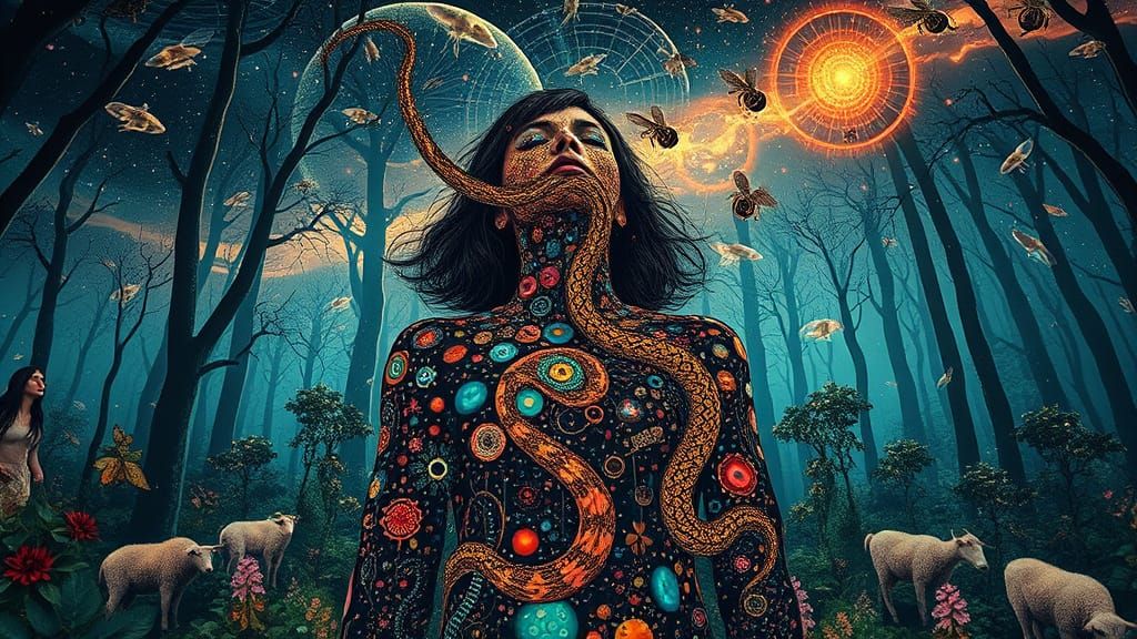 Surreal Bio-Art Woman in Trance, Forest Transformation