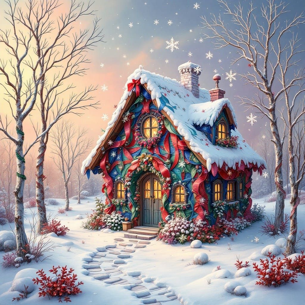 Ethereal Winter Cabin in Whimsical Ribbon Landscape