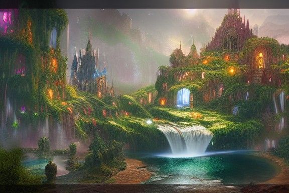 Fairy Waterfall City: Detailed Matte Painting