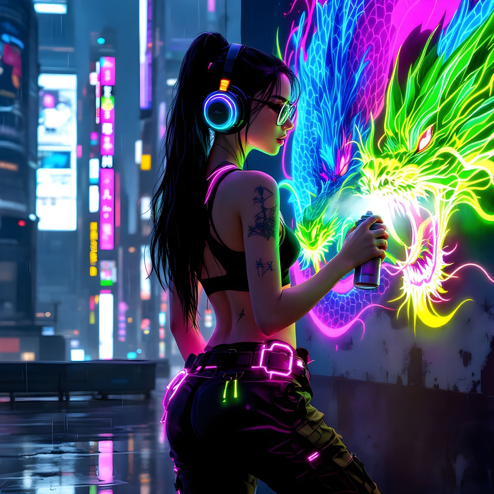 Anime Artist Sprays Neon Mural on Cyberpunk Rooftop
