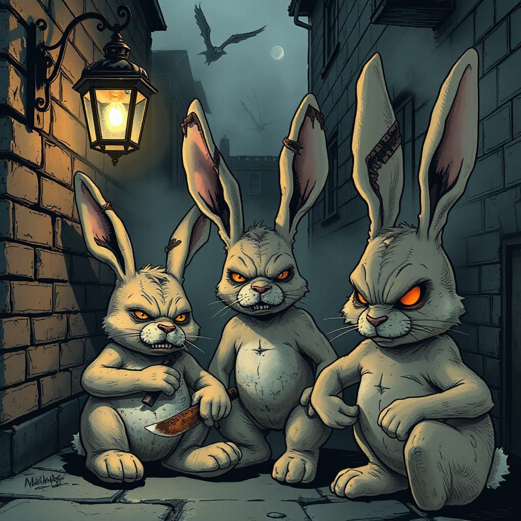 Sinister Plush Bunnies Gather in Foggy Alley
