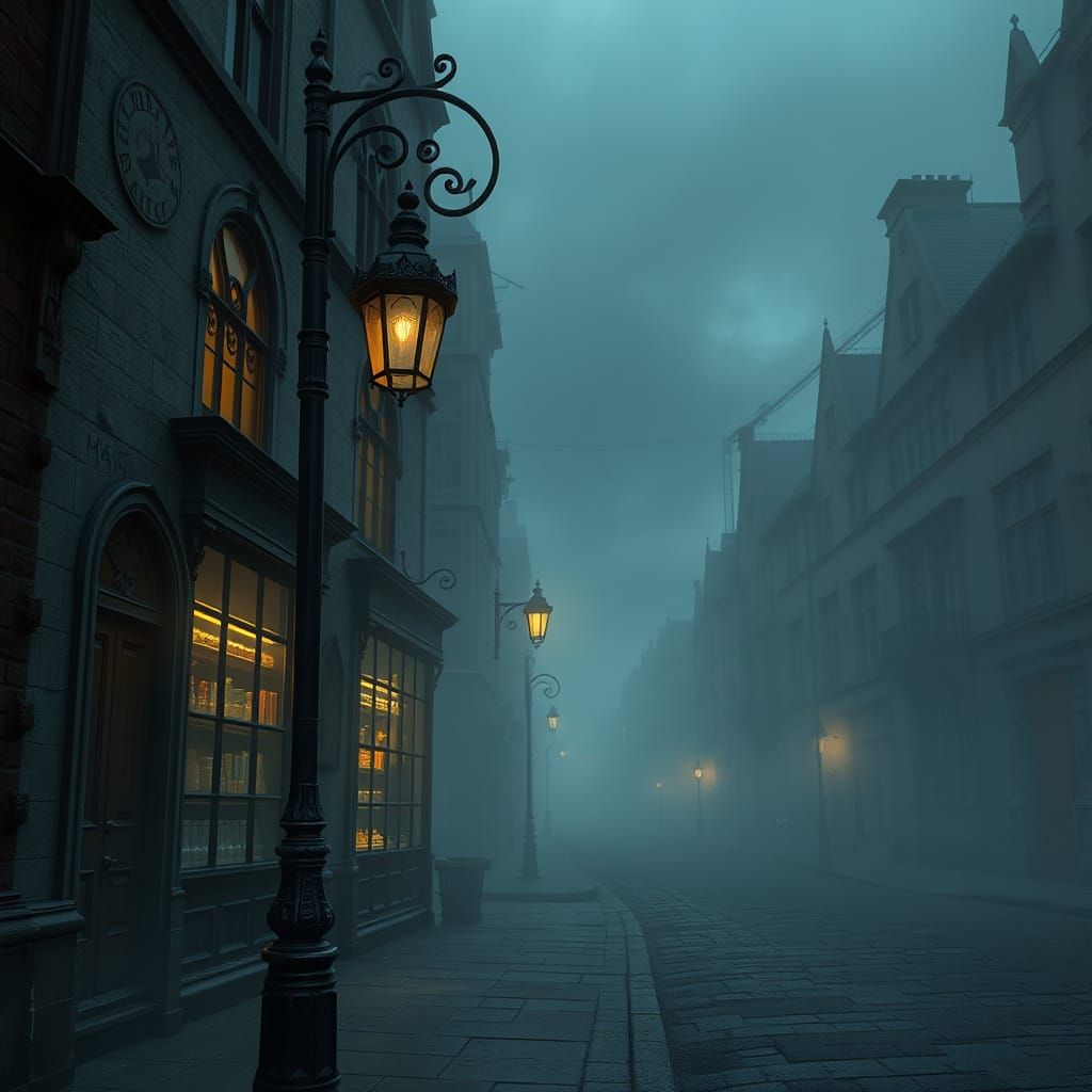 Ethereal Gothic Street Scene in Misty Twilight