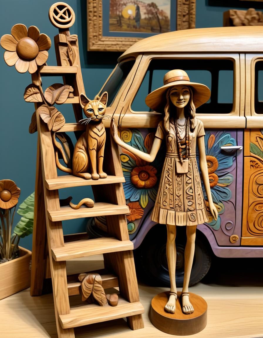 Whimsical 3D Wood Carving of Hippie Museum Display