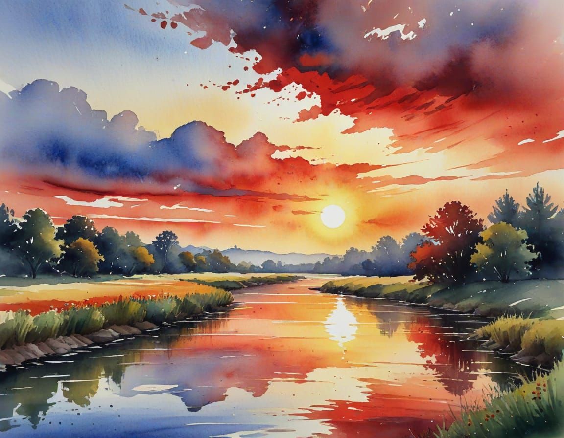 Vibrant Summer Sunrise River Scene in Watercolor