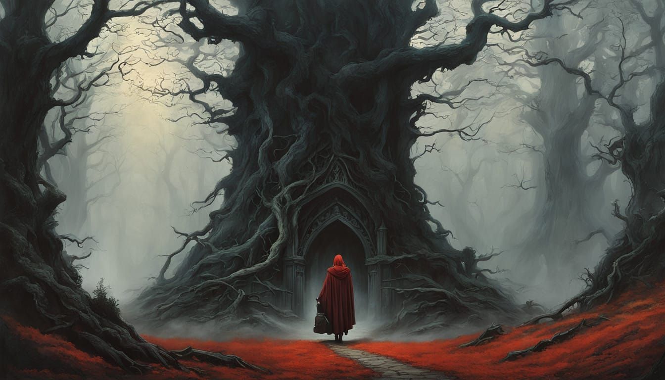 Young Girl Walks Through Dark, Gothic Forest in Mysterious,....