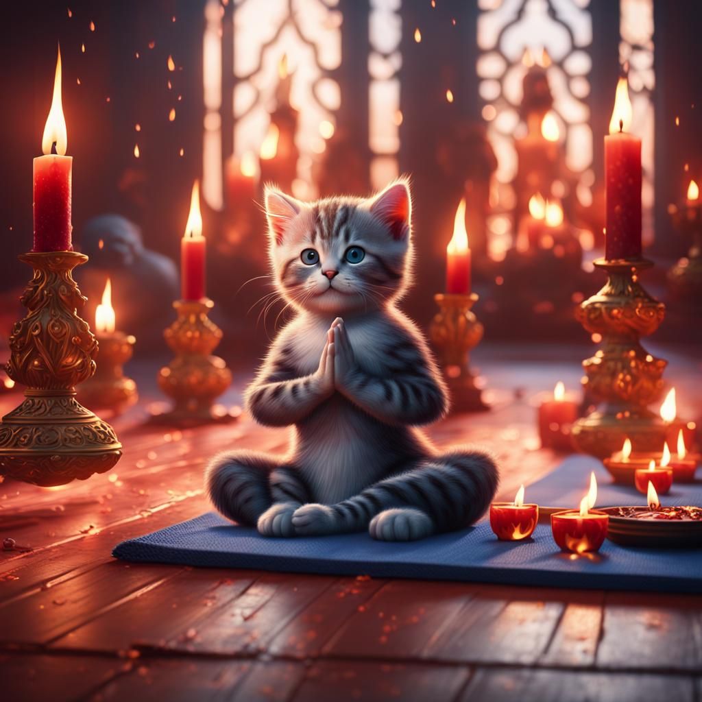 Yoga Kittens Meditating with Candles, Detailed Digital Art
