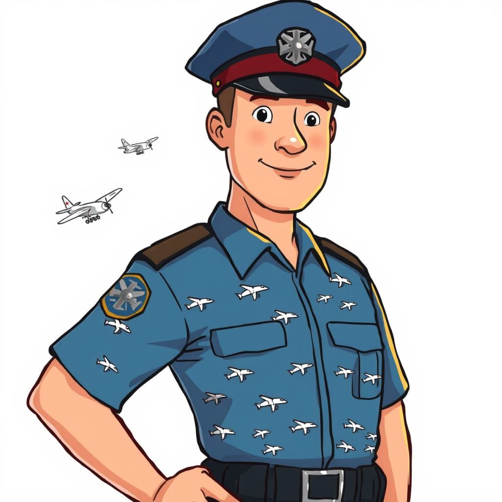 Cartoon Policeman in Airplane Shirt