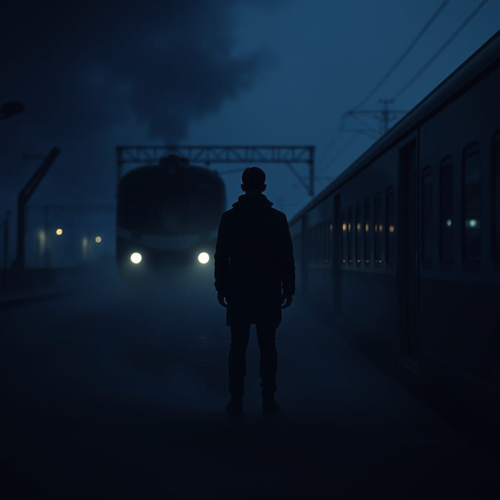 Figure on Misty Train Platform in Film Noir Style