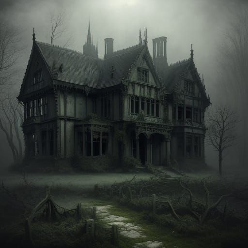Gothic Manor on Floating Island in Ethereal Mist
