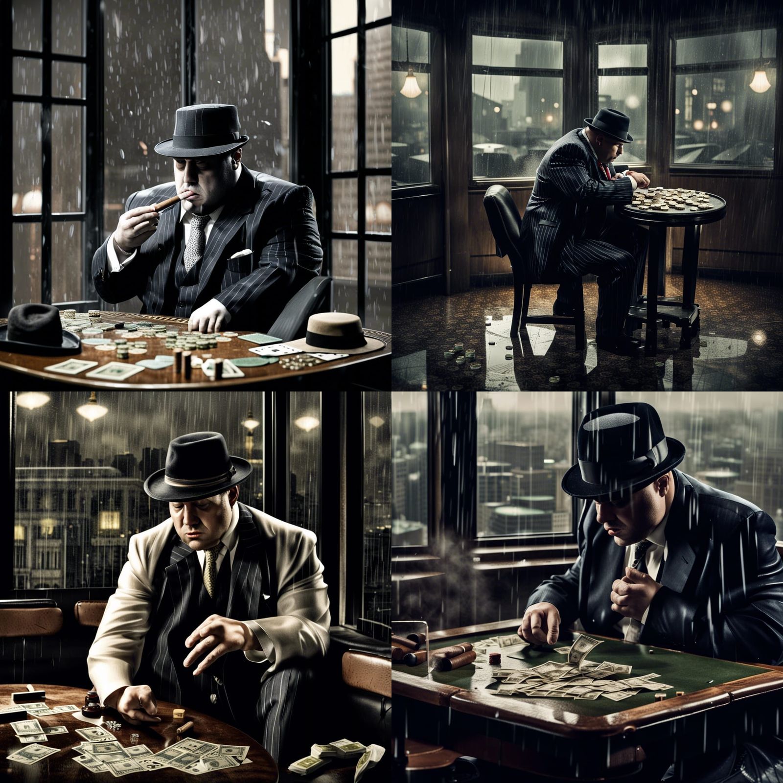 Gangster Tying Shoes in Rainy City Scene
