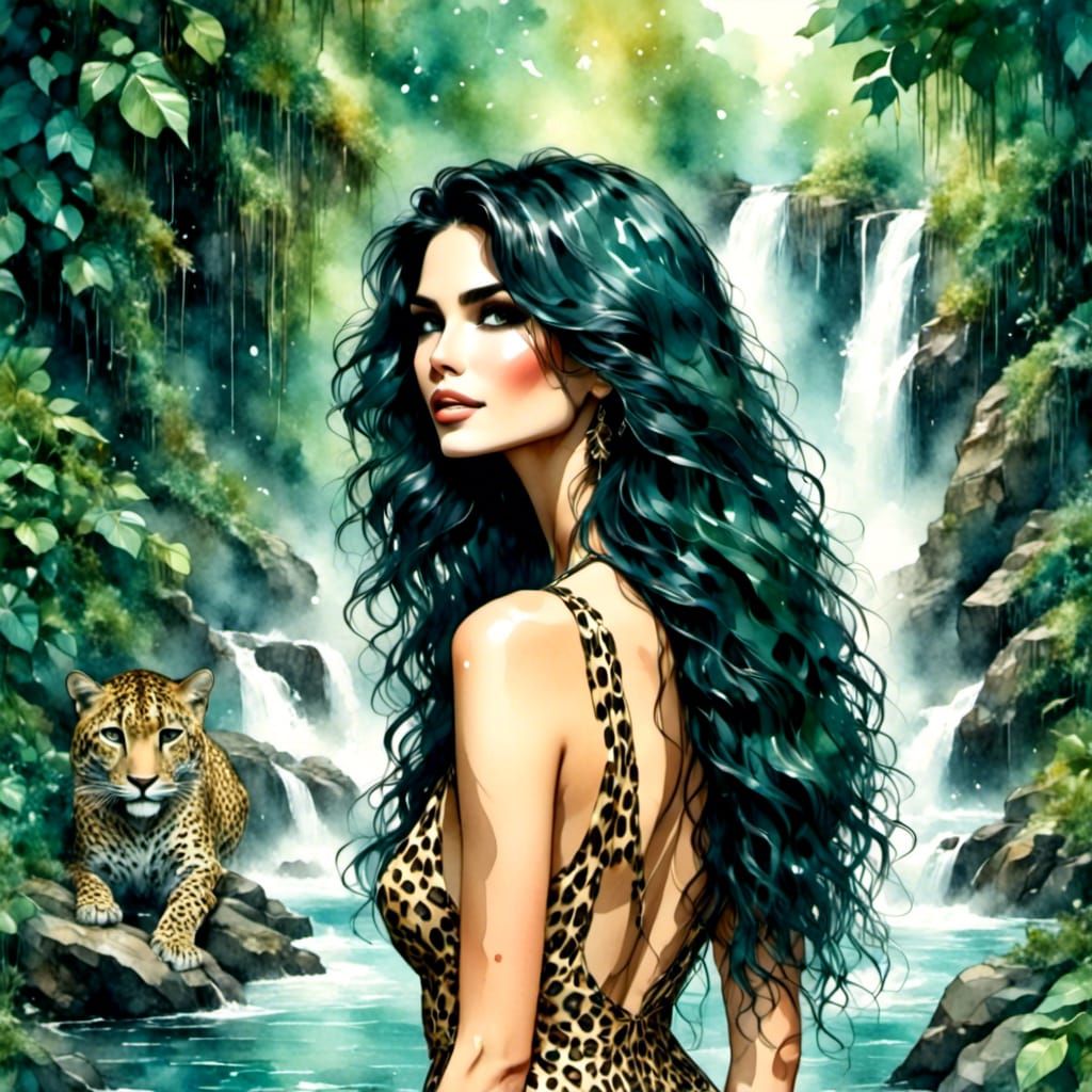 Woman with Leopard Swimsuit Under Waterfall in Watercolor
