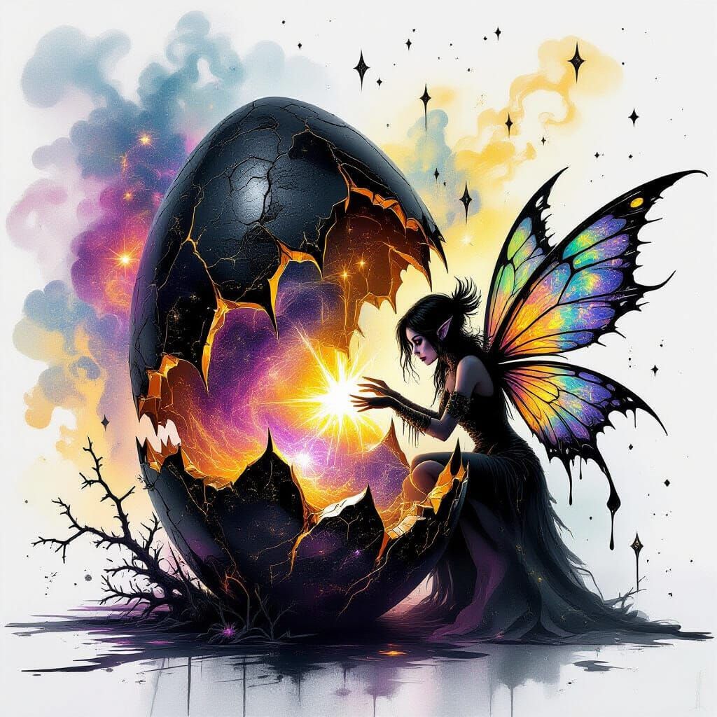 Gothic Punk Faerie Births Cosmic Egg in Neon Light