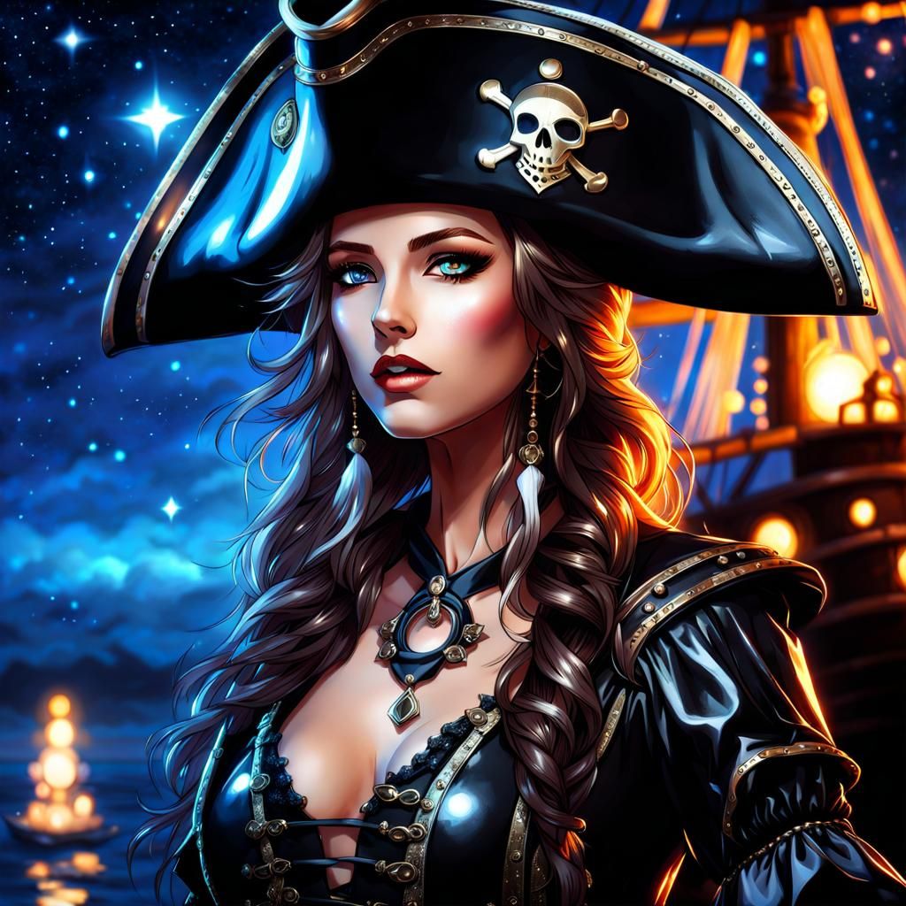 Magical Latex Pirate on Glowing Ship in Starry Night