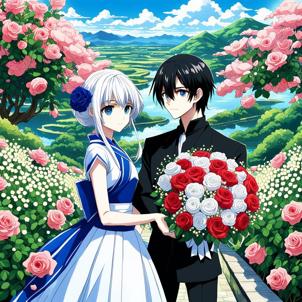 Anime Girl Offers Flower Bouquet in Anime Style