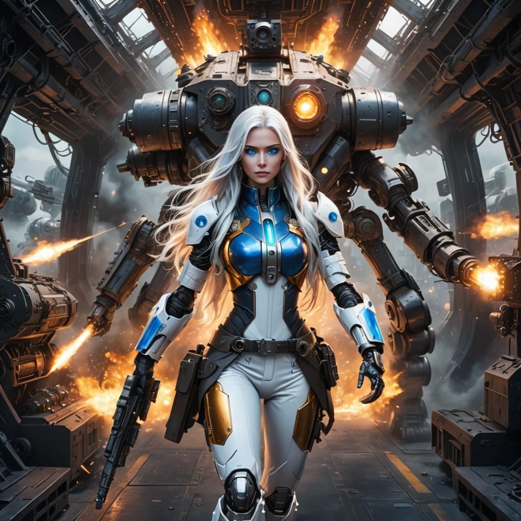 Cyberpunk Robot Girl Hunting Aliens in Spaceship