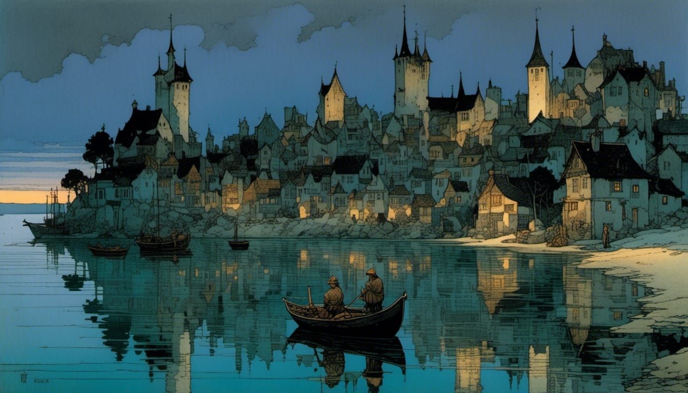 Fisherman at Dawn near Medieval Port Town