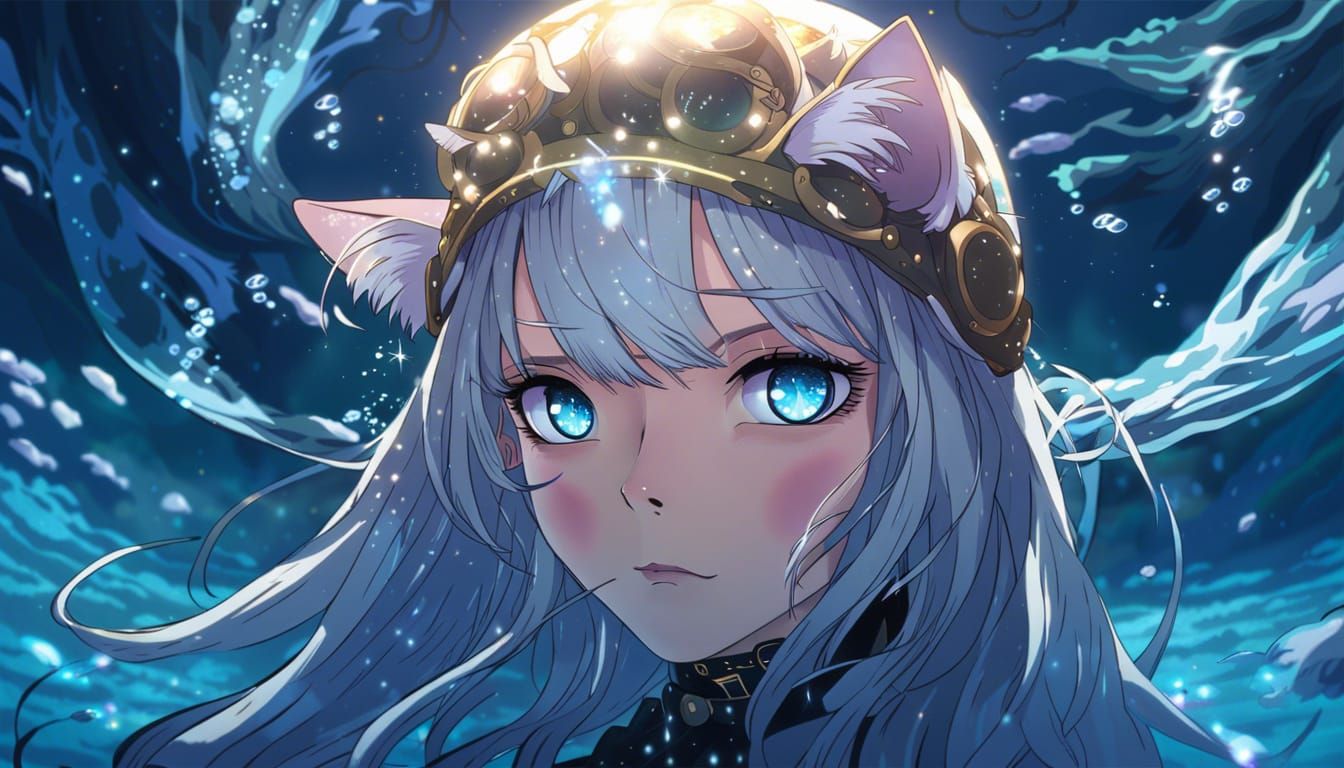 Abyssal Depths: Cat Girl in Underwater Cityscape