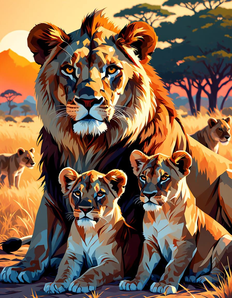 Lion Family Portrait in WPAP Art Style