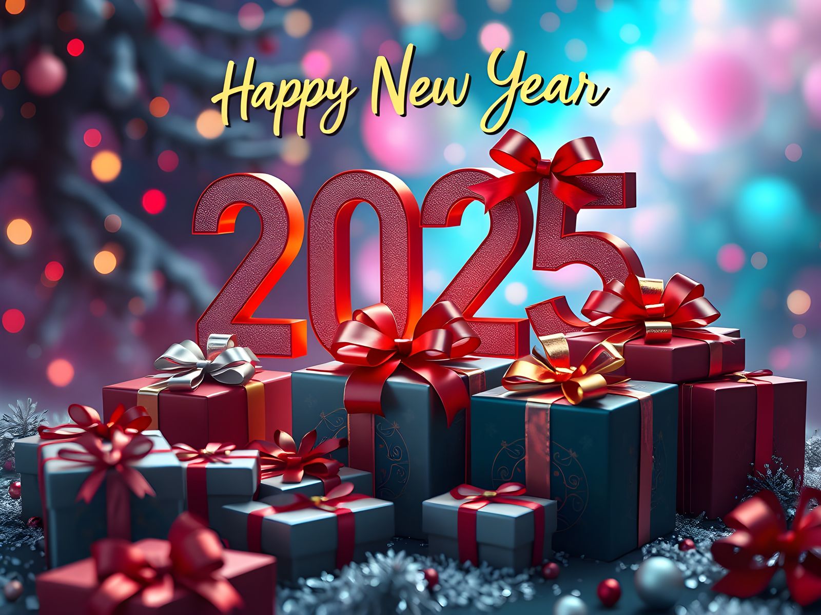 Happy New Year 2025 Gift Boxes in Digital Art