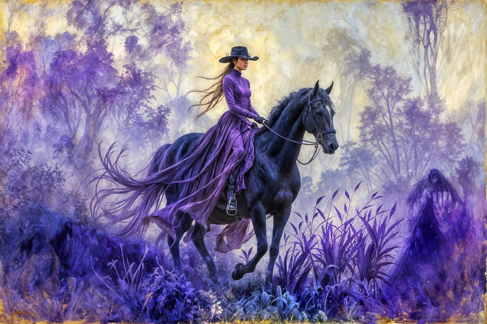 Ethereal Horsewoman in Deep Purple Velvet with Eerie Shadows