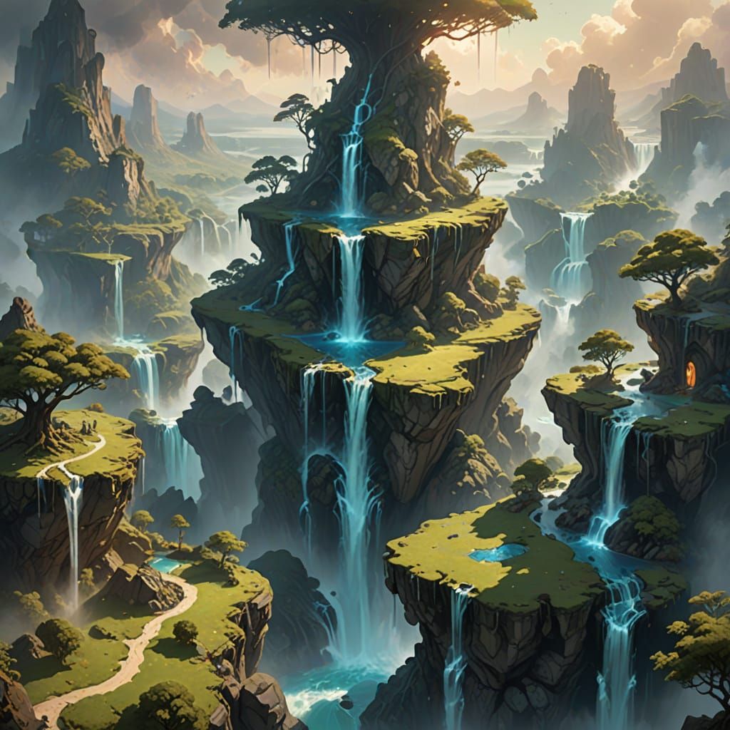 Surreal Floating Islands and Waterfalls in Ethereal Light
