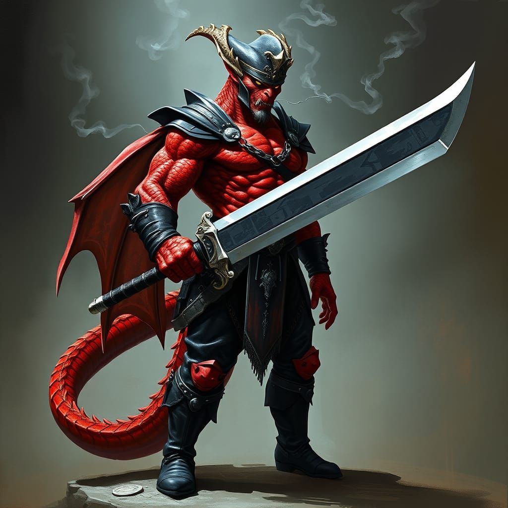 Majestic Dragonborn Warrior in Red Armor, Wielding Two-Hande...