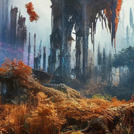 Colossus Amidst Gothic Ruins in Golden Sunlight